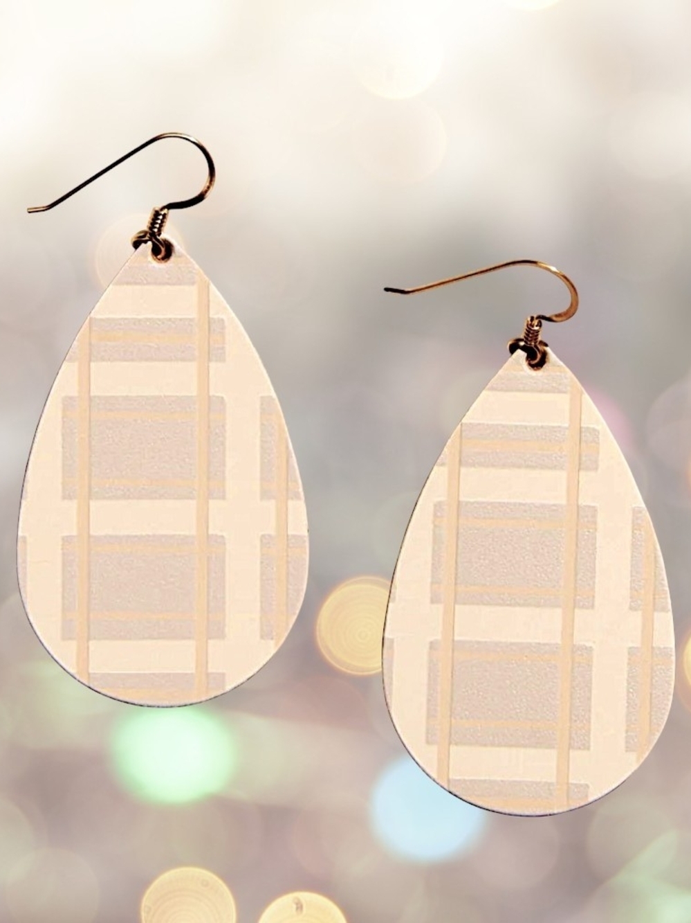 Elegant Cream Plaid Teardrop Earrings - Nickel & Suede